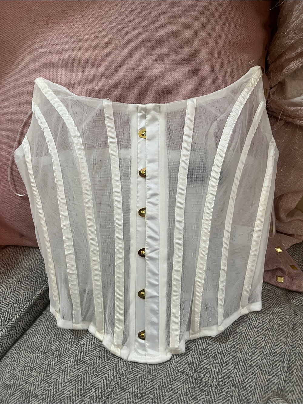 AKIRA White Sheer Boned Corset Crop Top with Gold Buttons